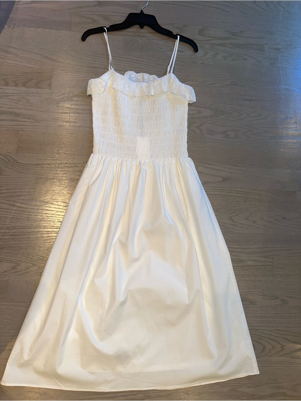 Wayf White Smocked Midi Dress with Ruffle Trim